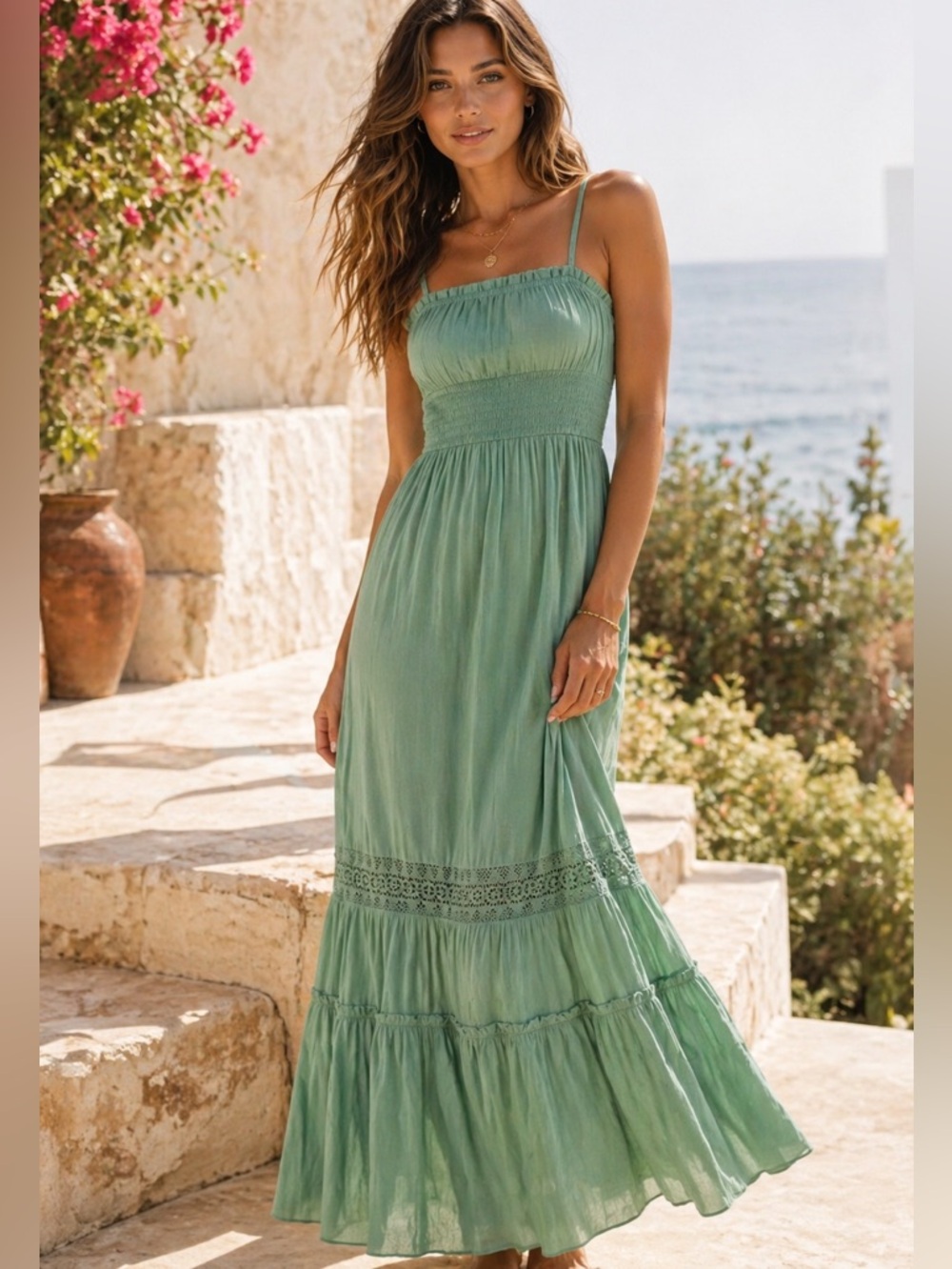 Leilani Coastal Boho Maxi Dress | Beach Vacation Tiered Dress | Size L